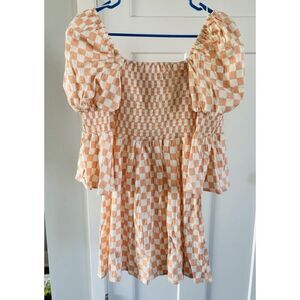 Wayf Juliet Checkered Dress Size XS Peach White Skater Preppy NWT Mini Linen